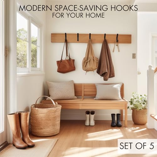 Decorative Coat Hooks For Wall Mount Set of 5 - Stylish and Sturdy Black Metal Double Hooks Are Perfect To Hang Your Jackets, Towels Or Hats - A Modern Addition To Any Farmhouse or Minimal Home Decor