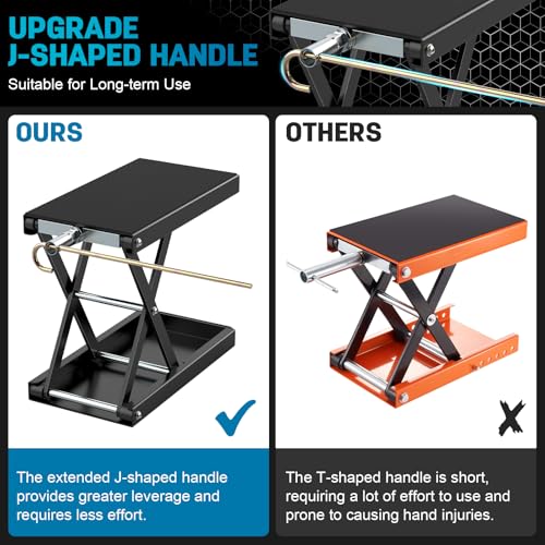 Heavy-Duty Motorcycle Lift Stand, Black Steel, 1100 LBS Capacity | Wide Anti-Slip Deck, J Crank Handle & Socket, Scissor Lift Design, For Cruisers, Dirt Bikes, Street Bikes, ATVs