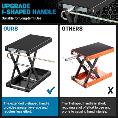 Heavy-Duty Motorcycle Lift Stand, Black Steel, 1100 LBS Capacity | Wide Anti-Slip Deck, J Crank Handle & Socket, Scissor Lift Design, For Cruisers, Dirt Bikes, Street Bikes, ATVs