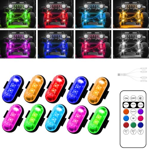 Wireless LED Lights for Car, Wireless Rock Lights with 8 Colors 10 Modes,led Strobe Warning Light, Motorcycles, Boats, Camping, Bikes, Drones, Design in USA (10pcs Black) - size: 10pcs