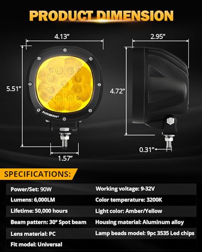 Auxbeam 4In 90W Amber Round Led Offroad Lights 2PCS 9000LM Amber Fog Super Bright Driving Light with Wiring Harness Kit Spot Beam Pod Light for Truck SUV ATV UTV Jeep Wrangler Motorcycle - color: Amber Spot Offroad Lights