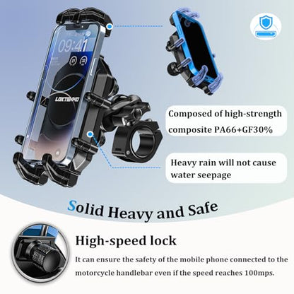 LOKTENWO Motorcycle Phone Mount-[Triple Vibration Dampener] & [Metal Adjustment Arm]，Motorcycle Cell Phone Holder, Bike Phone Mount for iPhone 17 16 15 Pro Max, 5.4-7.2" Smartphones