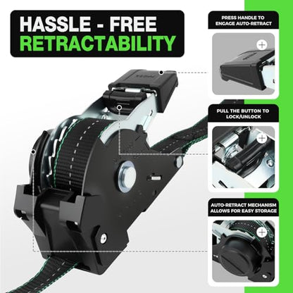 Retractable Ratchet Straps (4 Pack) -(1,500lb Break Strength) -1 Inch x 12 Feet Heavy Duty Auto Self Retracting Tie Down Straps (Black-Green) - color: Black-Green Retractable
