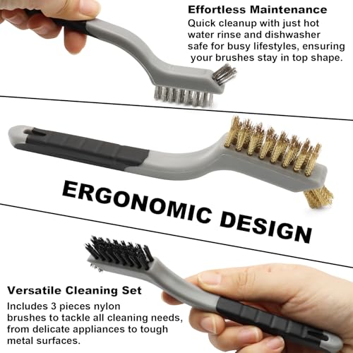 3PCS Durable Wire Brush Set,Brass Stainless Steel Nylon,Curved Handle Brush for Cleaning Rust Removal in Holes DIY Enthusiasts(Grey) - style: Grey-Nylon,Brass,Stainless Steel