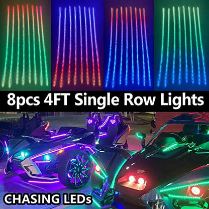 8PCS 4FT Chasing RGB LED Strip Lights Fit for Polaris Slingshot, Single Row Dream Color Flowing Eyebrow Hood Underglow Light Kit with Bluetooth App Remote Control