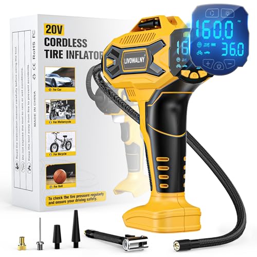 Tire Inflator Air Compressor Compatible with Dewalt 20V Battery, LIVOWALNY 160 PSI Cordless Portable Electric Air Pump 2026 Bigger LCD Digital Pressure Gauge for Car, Bike, Sport Ball (Tool Only) - color: Yellow