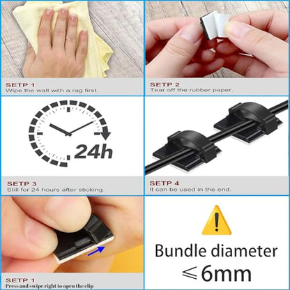 Adhesive Cable Holder Management Wire Clips 50 Pcs Black，Suitable for Cables with a Diameter of ≤ 6mm in Cars, Houses, and Offices - color: Black