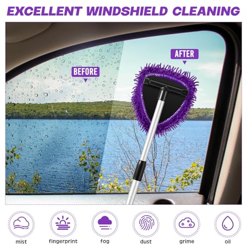 Baderke 9 Pcs Car Windshield Cleaner Tool Kit with with Extendable Handle, Microfiber Towel Pads, Sponge, Ventilation Brush, Empty Spray Bottle for Auto Glass Wiper Suvs Rvs & Home Windows(Purple) - color: Purple