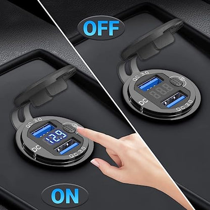 [Metal Shell] 12V USB Outlet Dual QC 3.0: Qidoe Aluminum Socket 12 Volt Motorcycle USB Outlet with LED Voltmeter Button Switch Waterproof 12 V Car Charger for Boat Marine Moto RV Golf Cart