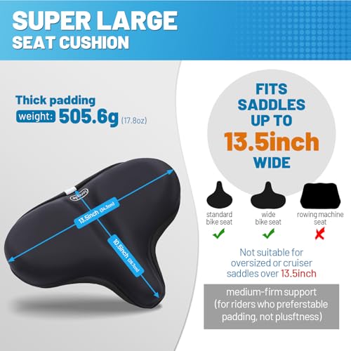 Wide Bike Seat Cover – 13.5” x 10.5” Gel Padded Bicycle Cushion for YLG Saddle – Anti-Slip, Medium Firm Support for Indoor & Outdoor Riding