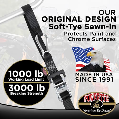 PowerTye 1.5in x 6.5ft Heavy Duty Ratchet Tie-Down Straps with Soft-Tye and Carabiner Hooks - 1,000 lb Working Load Limit / 3,000 lb Breaking Strength - Made in USA - Black/Black Pair - color: Black, size: 6.5 ft
