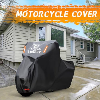 Motorcycle Cover, All Season Waterproof Outdoor Protection with Lock-Holes & Night Reflective, Fits up to 91" Harley Davidson Honda Suzuki Kawasaki Yamaha (Black) - size: L-91"