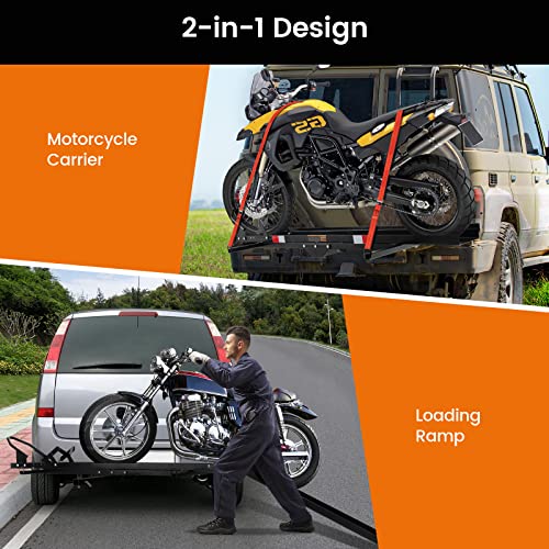 Goplus Motorcycle Hitch Carrier, 600LBS Motorcycle Carrier Hitch Mount with 2 Straps, Loading Ramp, Dirt Bike Trailer, Heavy Duty Motor Cycle Rack, Fit Up to 7.5” Wide Tire