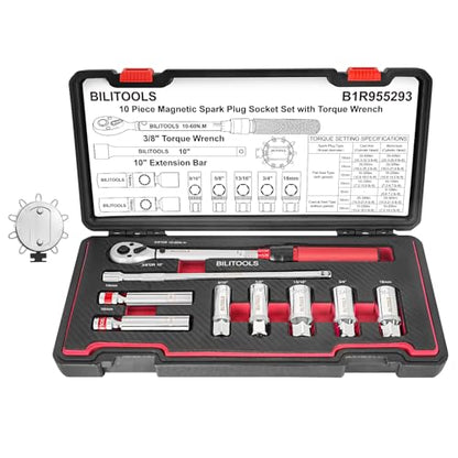 BILITOOLS 10 PCS Magnetic Spark Plug Socket Set with Click Torque Wrench & Spark Plug Gap Tool, 3/8 Inch Magnetic Sockets 9/16" 5/8" 3/4" 13/16" 14mm16mm18mm, Extension Bar, Cr-V Steel - size: 9/16" 5/8" 3/4" 13/16" 14mm16mm18mm Magnetic