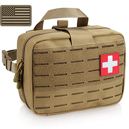 LIVANS Tactical Molle Medical Pouch - Upgraded Size, Large Capacity IFAK Pouch with Detachable Quick Release and Headrest Mount, Includes Flag and Cross Patch - color: Khaki
