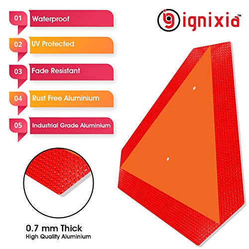 Ignixia Slow Moving Vehicle Sign, 0.7 mm Thick Rust free Aluminium Slow Moving Vehicle Triangle signs, 14”x 16” Inches Orange base with Reflective border, SMV Sign for Golf Cart, UTV, safety signs