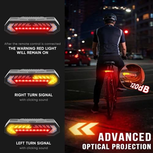 Vcwtty Smart Bike Tail Light, Wireless Remote Turn Signals with 120dB Audio Warning & Virtual Lane Projection, USB-C Rechargeable Rear Cycling Light, IP65 Waterproof Anti-Collision Safety Signal