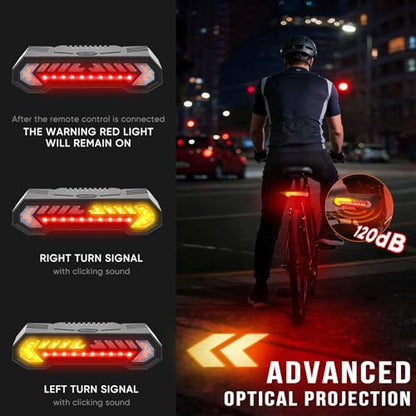 Vcwtty Smart Bike Tail Light, Wireless Remote Turn Signals with 120dB Audio Warning & Virtual Lane Projection, USB-C Rechargeable Rear Cycling Light, IP65 Waterproof Anti-Collision Safety Signal