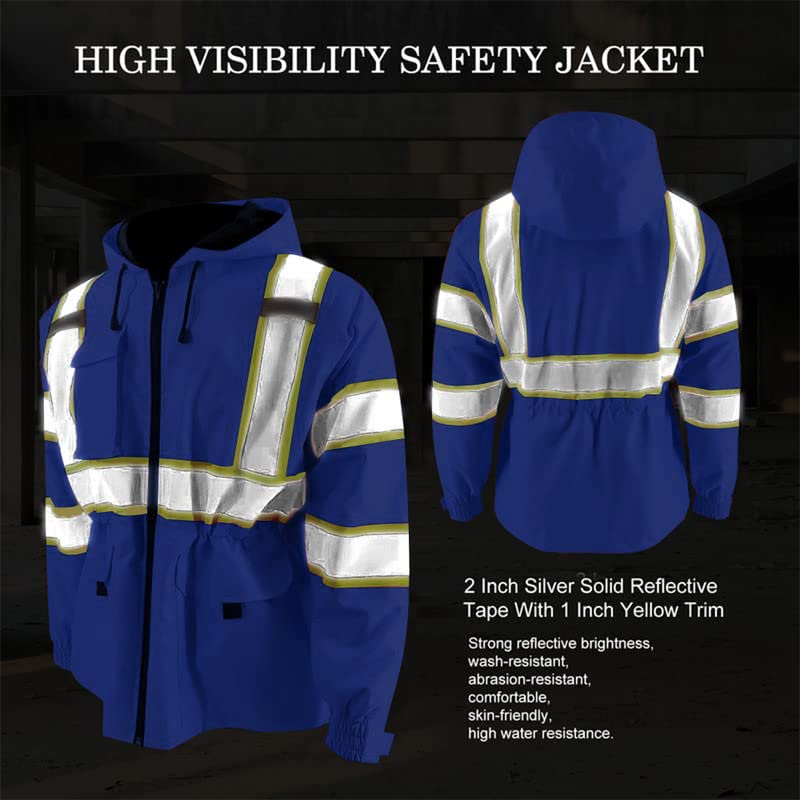 KARXICIY ZUJA Hi Vis Reflective Safety Jacket for Men Women Construction Jacket with Hood High Visibility Safety Rain Jacket - color: Blue - Thickening, size: Small