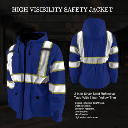 KARXICIY ZUJA Hi Vis Reflective Safety Jacket for Men Women Construction Jacket with Hood High Visibility Safety Rain Jacket - color: Blue - Thickening, size: Small