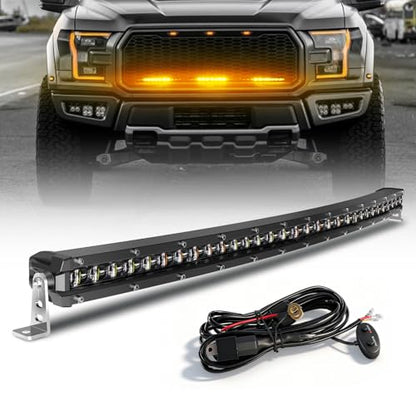 BraveWAY [Curved] [White & Amber Strobe] 32 inch LED Light Bar, Single Row Slim LED Bar for Off-Road, Truck, SUV, ATV, UTV, Car, Flashing Chase Light with Wiring Harness - color: 32in [Curved][White & Amber Strobe]
