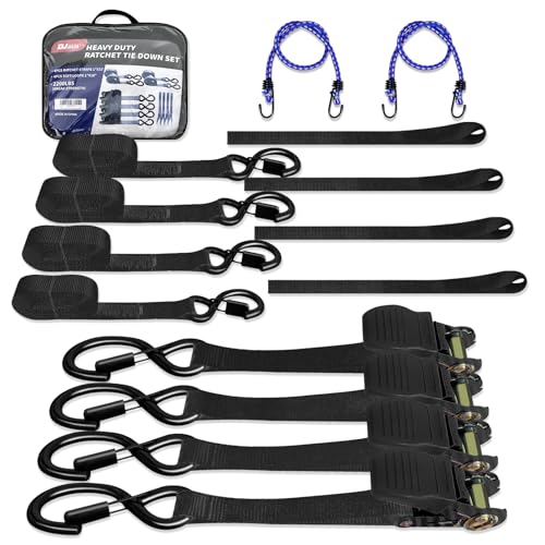 Motorcycle Tie Down Straps 1" x15' (4-Pack), Waterproof Carry Bag 2200lb Break Strength with Soft Loops & Coated S-Hooks for Truck, Trailer, ATV, UTV, Boat (Black) - color: Black
