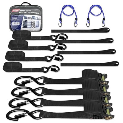 Motorcycle Tie Down Straps 1" x15' (4-Pack), Waterproof Carry Bag 2200lb Break Strength with Soft Loops & Coated S-Hooks for Truck, Trailer, ATV, UTV, Boat (Black) - color: Black
