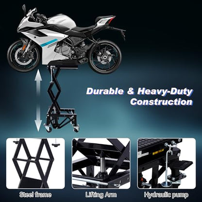 Hydraulic Motorcycle Scissor Jack Lift with Foot Step Lever and 4 Wheels, Adjustable Height from 13.5" to 36.2", 300 lbs Capacity, Lift Table for Dirt Bikes, ATVs, Motorcycles, Snowmobiles (Black)