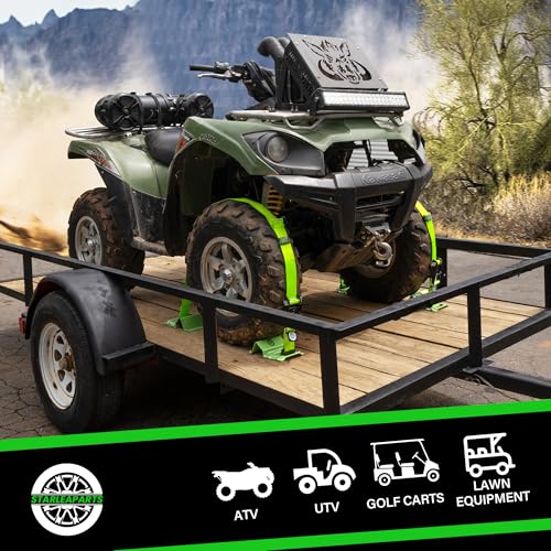 Heavy Duty Wheel Chock Tie Down Straps Set (4PK) - 4,400lb Guaranteed Max Break Strength, (2) 2" x 8' Trailer Tire Straps with (8) Wheel Chocks for ATV, UTV or Tractors - style: 4PK - Green