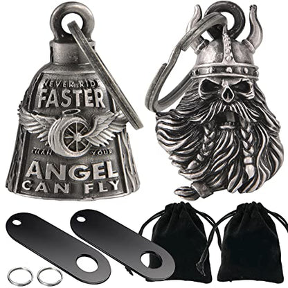 Dream Apparel 2 Pack Motorcycle Bells Guardian Angel for Biker Rider Men Women Ride Riding with Hangers, Drive Away Gremlins - color: Wing Wheel Bell + Viking Skull W/ Helmet Bell