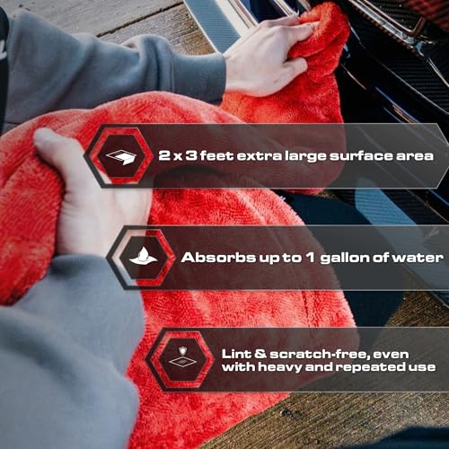Blackline Car Drying Towel - 2ft x 3ft XL-Popular Pick Among Detailing Pros - 1300 GSM Microfiber Towel - Absorbs Over 8lbs of Water - Leaves No Streaks, Spots or Scratches - Dries an Entire Car - color: Crimson
