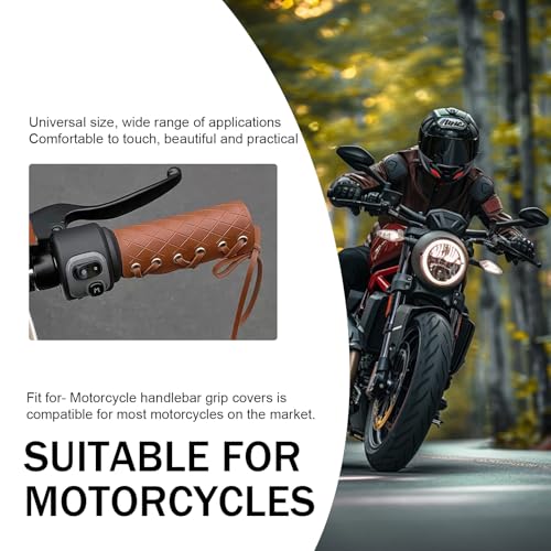 2 PCS Motorcycle Handlebar Grips, 4.5" x 4.4" PU Leather Handle Protectors, Motorcycle Adjustable Strap Anti-Slip Handle Gloves, Universal for Most Motorcycles Bikes and More (Brown)