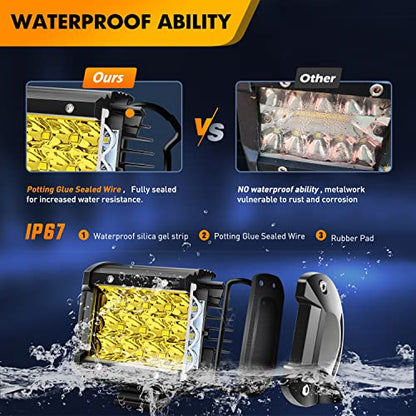 GOOACC 2PCS 4" Amber LED Pods 36W Triple Row Flood Light Bar Fog Light 3600LM Driving Lighting with 16AWG Off Road Wiring Harness-2 Leads for Truck Golf Cart SUV ATV UTV Boat, Clear,Yellow (Auto-650) - color: 2Pcs Amber LED Pods+ Wiring Harness