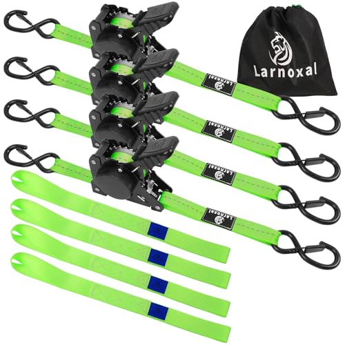Retractable Ratchet Straps 4 Pack - 1,500 Lbs Break Strength 1 in x 10 Ft Heavy Duty Retractable Ratchet Tie Down Straps with S Hooks Set for Truck, Cargo Van, Trailer, Motorcycle (Green) - color: Green
