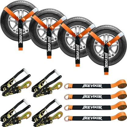 4 Pack Car Tie Down Straps for Trailers - 2" x 96" - 9900LBS Break Strength - Tire Ratchet Strap with Snap Hooks - Adjustable Wheel Straps for Hauling UTV, SUV, Truck, Any Cars - color: Orange