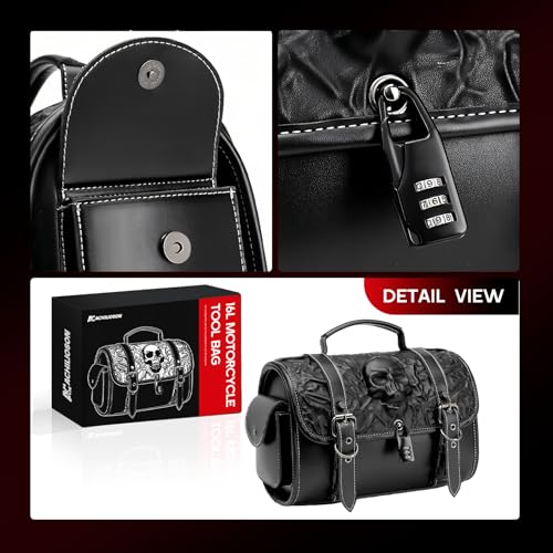 16L Motorcycle Tool Bag with Combination Lock 3D Skull Embossed PU Leather Saddlebag, Universal Waterproof Black Motorcycle Side Bags Storage Pouch for Most Motorcycles - style: Combination Lock Skull Bag