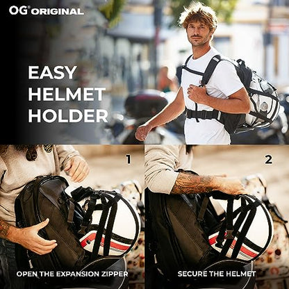 OG Original EZ-Rider PRO Motorcycle Backpack Black Expandable 28-35L, Motorbike Helmet Bag, Helmet Strap, Waterproof Motorcycle Backpacks for Men with Laptop Pocket, Reflective (Black Logo) - style: Ez-rider (Black Logo)