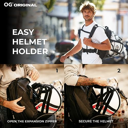OG Original EZ-Rider PRO Motorcycle Backpack Black Expandable 28-35L, Motorbike Helmet Bag, Helmet Strap, Waterproof Motorcycle Backpacks for Men with Laptop Pocket, Reflective (Black Logo) - style: Ez-rider (Black Logo)