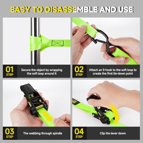 4Pcs Ratchet Tie Down Straps Kit for 2400lb Break Strength | 1” x 16FT Tie Down Straps with Soft Loop Tie-Downs & Safety S Hook - Cargo Strap Tie Down for Trucks, Motorcycle, Moving, Appliances-Green - color: Green