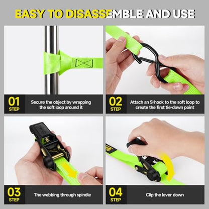 4Pcs Ratchet Tie Down Straps Kit for 2400lb Break Strength | 1” x 16FT Tie Down Straps with Soft Loop Tie-Downs & Safety S Hook - Cargo Strap Tie Down for Trucks, Motorcycle, Moving, Appliances-Green - color: Green