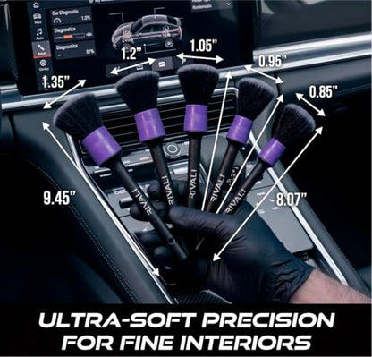 Rivali Car Care Premium 5-Piece Interior Detailing Brush Set - Ultra Soft Scratch-Free Brushes for Leather, Alcantara, Dashboards, Air Vents & Screens - Professional Car Interior Cleaning Kit