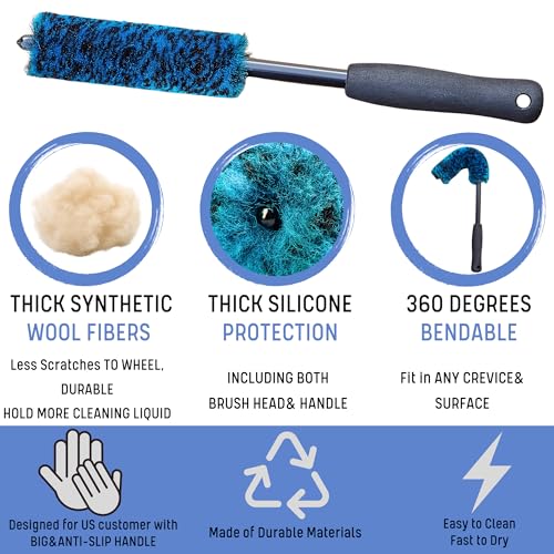 oesee 7PCS Car Wheel Rims Detail Cleaning PRO Wash Kit, Wheel Wash Mitt, Tire Brush, 2PCS Soft Wheels Brush, Detailing Brush, and Tire Dressing Pads, Microfiber Dry Towel Scratch-Free Cleaning - color: 7 Pack (Blue & Black)