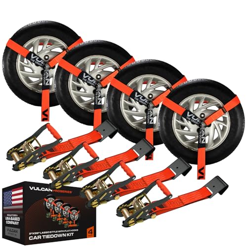 VULCAN Car Tie Down with Flat Hooks - Lasso Style - 2 Inch x 96 Inch - 4 Pack - PROSeries - 3,300 Pound Safe Working Load - size: Flat Hooks - ProSeries Orange (4 Pack)