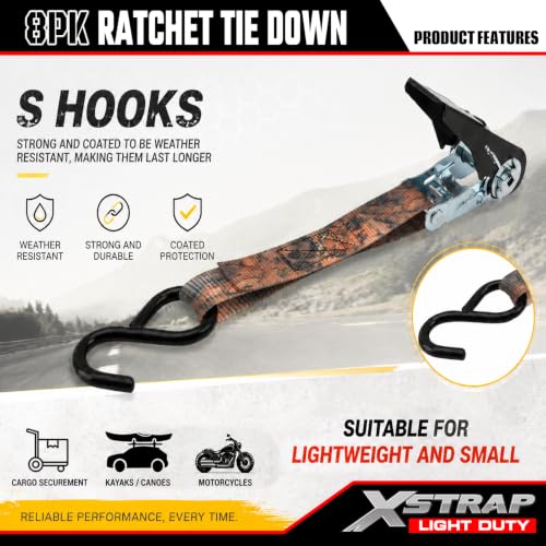 XSTRAP STANDARD Ratchet Straps, 900 LB Break Strength, 8-Pack 10FT Ratchet Tie Down Straps Set for Motorcycle Straps Tie Downs, Appliances, Lawn Equipment, Logistic Cargo Straps for Trucks(Camouflage) - color: Camouflage