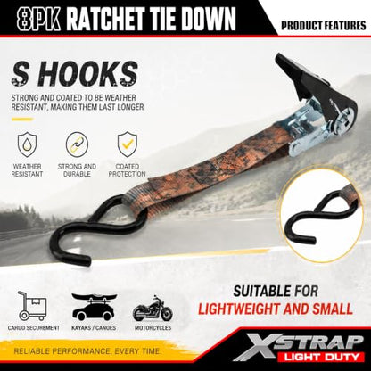 XSTRAP STANDARD Ratchet Straps, 900 LB Break Strength, 8-Pack 10FT Ratchet Tie Down Straps Set for Motorcycle Straps Tie Downs, Appliances, Lawn Equipment, Logistic Cargo Straps for Trucks(Camouflage) - color: Camouflage