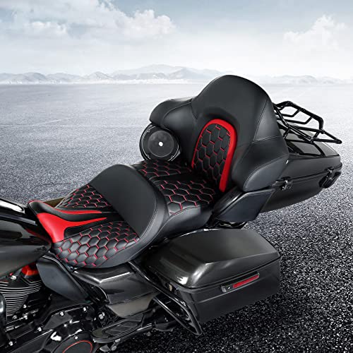 C.C. RIDER Gel Seat Driver Passenger Seat and King/Chopped Tour Trunk Backrest Fit For Harley Touring 2014-2023 Street Glide Road Glide Road King Electra Glide,Red Hexagon - color: 23# Gel Red+ 1 Backrest