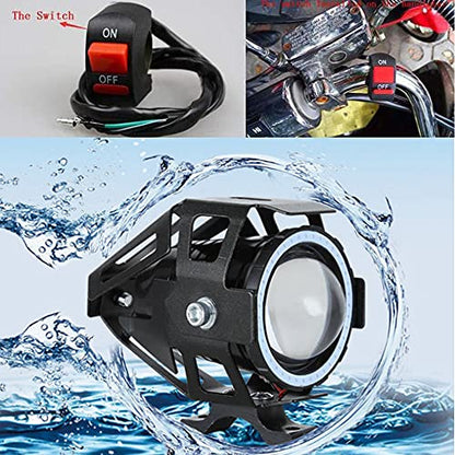 2pcs Bright 3000LM 125W LED Motorcycle Headlight With Demon Angel Blue Eyes auxiliary Work Light Spotlight Driving Fog Spot Lamp Universal for Car Offroad ATV Truck + 2pcs Switch