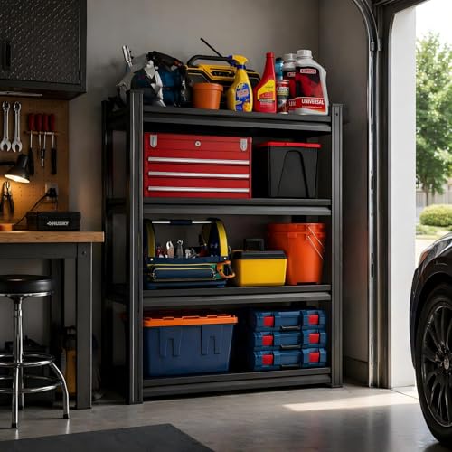 32" W Garage Shelves Heavy Duty 4-Tier, Adjustable Metal Storage Shelf with Fences, Organizer Rack for Garage, Basement, Pantry & Warehouse, Black, 53 Inches High - size: 4 Tier | 53" H x 32" W x 12" D