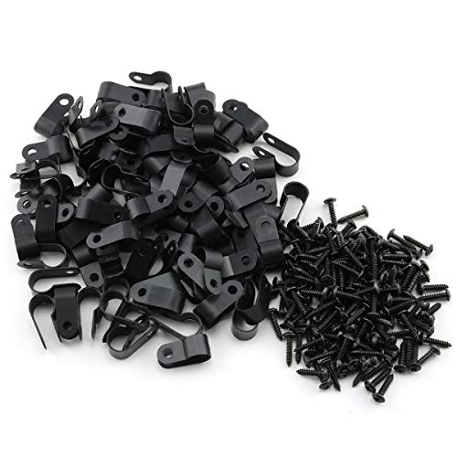 heyous 100pcs 1/2 inch (13.2mm) R-Type Cable Clamp Nylon Wire Hose Tube Fastener Fixed Cable Tie Mount Organizer Holder R Type Cable Clip with Mounting Screw Black - size: 1/2" (13.2mm)