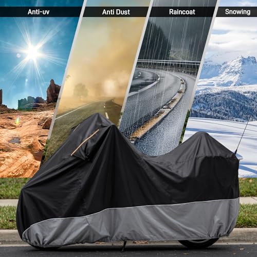 Waterproof Motorcycle Cover 420D Oxford Heavy Duty with Side Top Box Compatible with Harley Davidson Touring Ultra Limited Street Glide Road Glide Electra Glide (116" x 47" x 53") - color: Gray